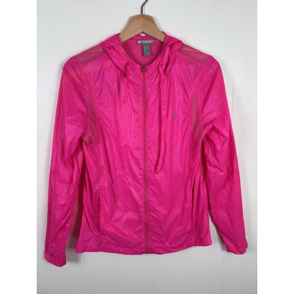 FOREVER 21 Fluorescent Hot Pink Full Zip Lightweight Packable Windbreaker Small